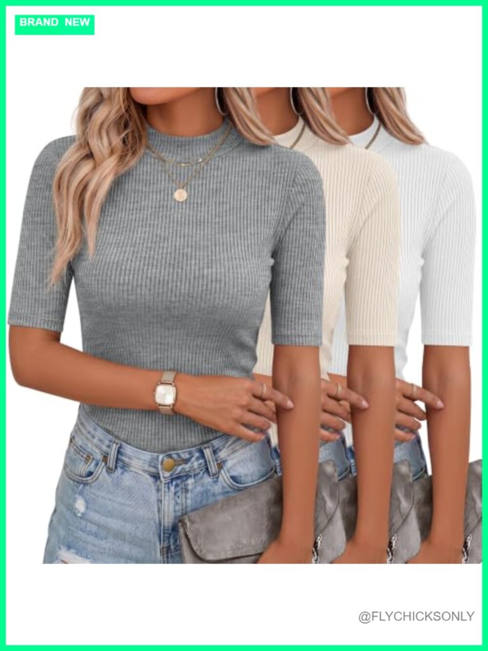 Ribbed Mock Turtleneck T-Shirt 3 Pack Short Sleeve Slim Fit Women's